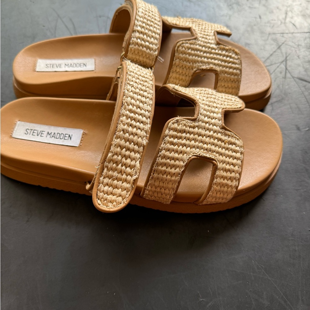 Steve Madden Tan Woven Double-Strap Slide Sandals